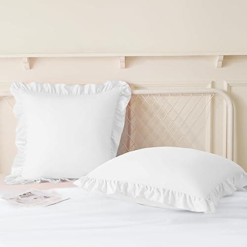 KKJIAF Ruffle Pillow Cases 18x18 Inches, White Square Ruffled Pillow Covers Set of 2, Microfiber Wrinkle Resistant Pillow Shams with Envelope Closure for Sofa Bed Living Room thumbnail 4