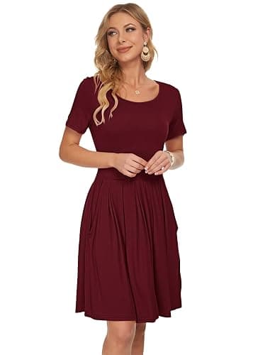 AUSELILY Women's Short Sleeve Pleated Loose Swing Casual Dress with Pockets Knee Length thumbnail 2