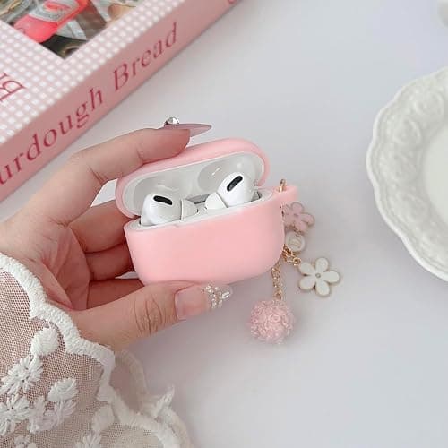 Cute Case for Airpods Pro 2nd/1st Generation Case, Soft Silicone Women iPod Pro 2/1 Gen Protective Cover 2019/2023/2022 with Pom Pom Flower Keychain&Cleaner Kit, Pink thumbnail 4