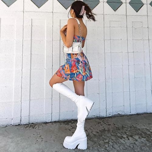 AMINUGAL Womens Elastic Knee High Platform Chunky Block High Heel Sock Boots Zipper Round Toe Fashion Motorcycle Combat Punk Boots For Women thumbnail 5