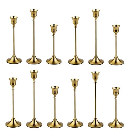 4 Sets(12 Pcs) Candle Stick Holders，Brass Gold Metal Taper Candle Holders, Vintage Modern Decorative Centerpiece Candlestick Holders for Table Mantel Wedding Housewarming Gift - Image 1