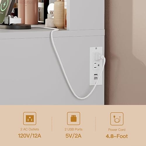 FIONESO Vanity Desk with Mirror and Lights, Makeup Vanity with 9 Drawers, 4 Shelves & 5 Jewel Hooks, White Vanity with Outlet & 3-Color Dimmable LED, Dressing Table for Women, Bedroom, White thumbnail 7