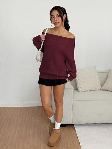 ZAFUL Sweaters for Women Off Shoulder Knit Sweater with Long Sleeve Loose Pullover Jumper Tops thumbnail 6