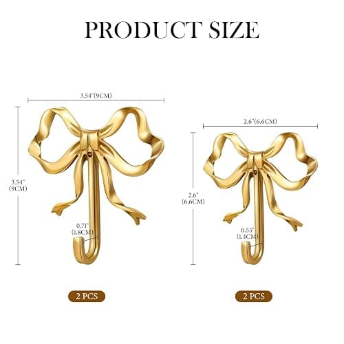 Frstem 4 Pack Gold Bow Wall Hook,Metal Hooks,Wall Mounted Functional Hooks,Multi-Purpose Door Hanger,Bow Wall Hooks Decorative for Coat Hat Towel Bags & Christmas Decor thumbnail 3