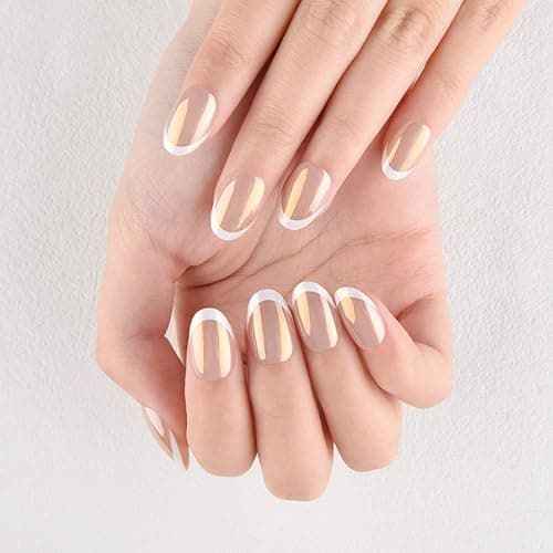 evpct Nude White French Tip Chrome Glazed Press on Nails Short Round Oval | No Glue, Women Manicure with Kit, Soft Reusable, Perfectly Fit, Acrylic Fake Nail, Salon-quality, Full Cover, Daily Wear thumbnail 2