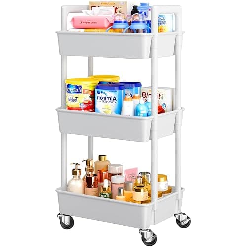 Pipishell 3 Tier Rolling Cart Organizer, Plastic Rolling Cart with Lockable Wheels & Reinforced Handle, Lightweight Utility Cart Storage Cart for Nursery, Kitchen, Bathroom, Craft Room, White, PIUC14W - Image 1