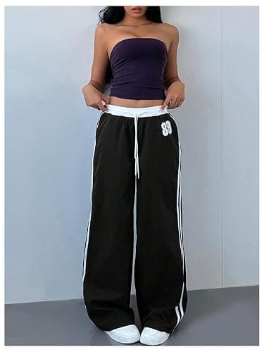 WDIRARA Women's Wide Leg Baggy Sweatpants Side Striped Number Graphic Track Pants with Pockets thumbnail 4