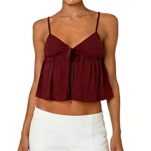 Women Y2k Flowy Ruffle Hem Cami Tank Top Casual Solid Color Deep V Neck Sleeveless Peplum Camisole Summer Beachwear - Image 1