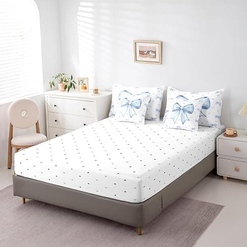 Erosebridal Cute Blue Bowknot Bed in A Bag with Sheets for Kids Girls Teen,Kawaii Dreamy Bow Queen Comforter Set 7 Piece Princess Blue White Heart Decor Bedding Set Soft Sheet Set with Comforter thumbnail 5