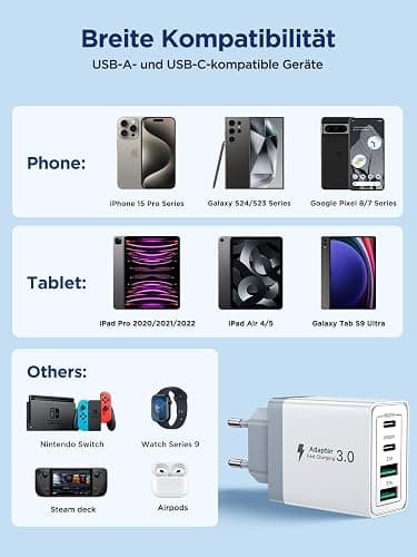 Aioneus USB C Ladegerät, 4 Ports Mehrfach Ladegerät mit USB-C und USB-A, 40W Schnellladegerät PD 3.0 Power Adapter USBNetzteil für iPhone 16 15 14 Pro Max 13 12 11 SE 2020 XS XR 8 7, Samsung, Handys thumbnail 6