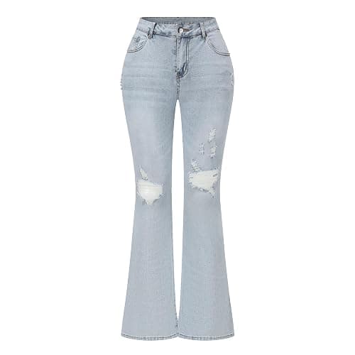 THUNDER STAR Womens Stretchy Mid Rise Flare Jeans Distressed Denim Bell Bottom Pants - Image 1