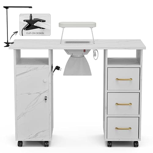 Belandi Manicure Table Nail Station with Charging Station, Marbling Texture Nail Tech Table Nail Table Station w/Dust Collector, Power Outlets, LED Lamp, Non-Woven Drawers & Wrist Cushion(White) thumbnail 2
