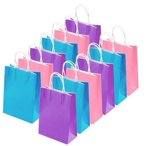 Cooraby 20 Pieces Kraft Paper Bags Party Favor Bags Craft Gift Bag with Handle for Birthday, Baby Shower, Wedding (light blue, light purple, pink) - Image 1