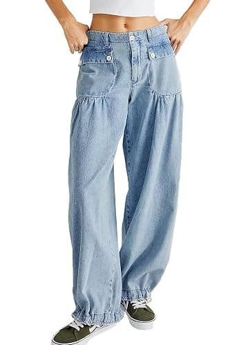 yoeasy Women's Lotus Balloon Jeans Baggy Wide Leg Loose Denim Pants | Drawstring Ankle Denim Pants, Front Pockets, Drawstring Hems, Boyfriend Jeans, Elastic Waisted, Casual Trendy Streetwear - Image 1
