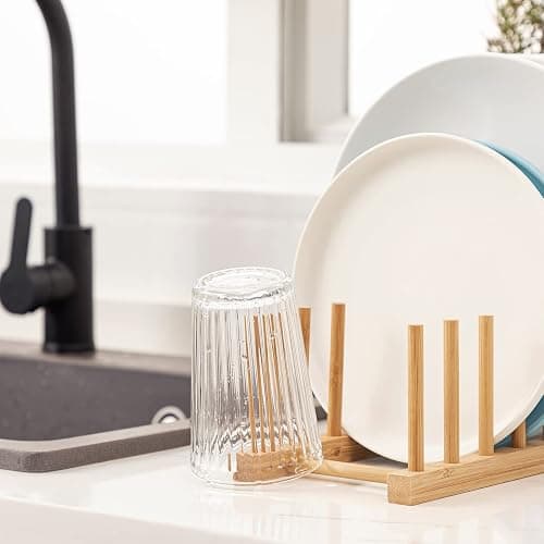 HBlife 2pcs Bamboo Dish Plate Bowl Cup Book Pot Lid Cutting Board Drying Rack Stand Drainer Storage Holder Organizer Kitchen Cabinet（Keep Dry） thumbnail 2