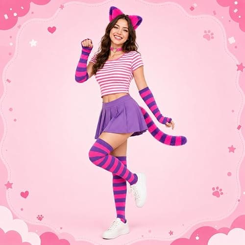 Matiniy Pink Purple Striped Cat Costume With Cat Ears,Furry Tail,Choker,Striped Socks Gloves for Women Halloween Dress up thumbnail 5