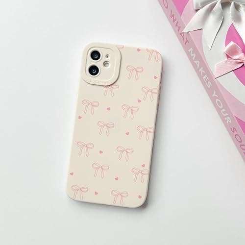 NITITOP Compatible with iPhone 12 Mini Case Cute Aesthetic Bow Ribbon Love Heart Pattern Design for Women Girls Soft TPU Bowknot White Back Shockproof Protective Phone Cover - Pink thumbnail 5