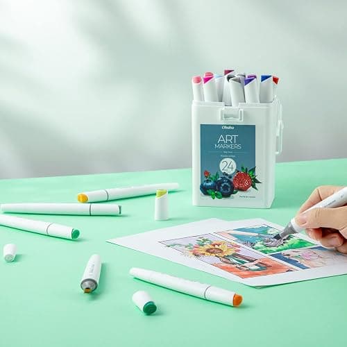 Ohuhu Alcohol Markers, Slim Chisel and Fine Dual Tip Art Marker Set for Colouring Drawing Highlighting - 24 Basic Colours Alcohol Based Ink for Artists Adult(Unique Ergonomic Design) thumbnail 9