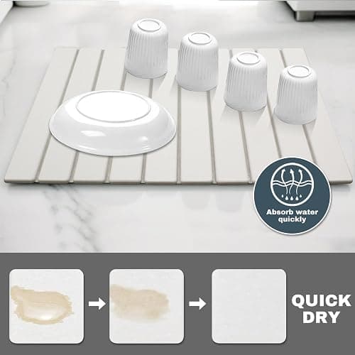 Large Stone Dish Drying Mats for Kitchen Counter, Quick Dry Absorbent Collapsible Dish Drying Mat,Diatomaceous Earth Mats for Dishes Bottles Cups,Match Any Countertop,White 24 * 16inch - White 24" x 16" thumbnail 4