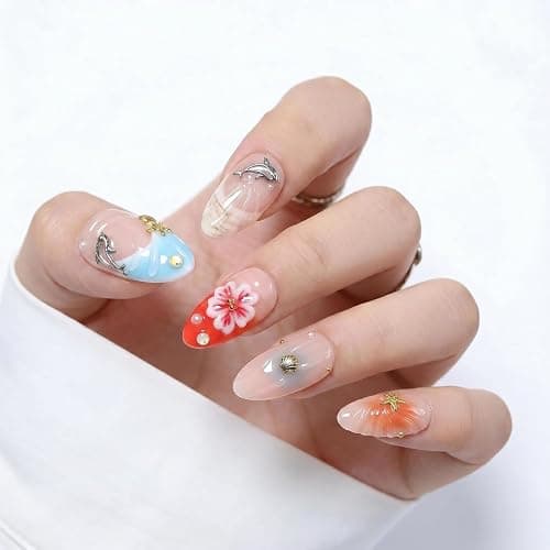 Handmade Short Almond Ocean Press On Nails,Reusable&Salon Quality(1TA12, S) | 10Pcs Daily & Party Fake Nails | Easy Apply & Remove | Tropical Ocean Style Press Ons with 3D Dolphin,Starfish,Plumeria thumbnail 3