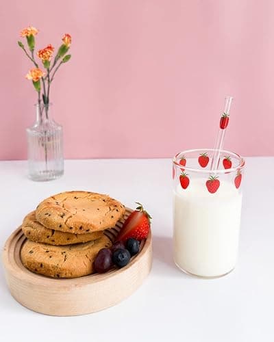 Kreapa Cute Strawberry Pattern Glass Cups - 2 Sets of 300ML Straw Glass Cups for Water, Milk, Tea, Coffee, Juice thumbnail 5