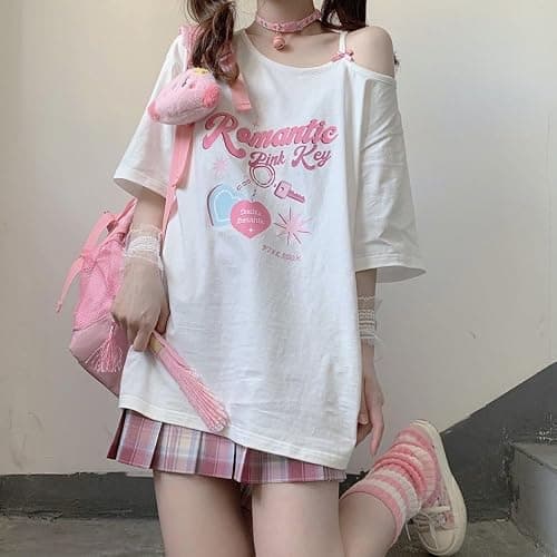 CEINOM Women Kawaii Off Shoulder T-shirt Harajuku Girl White Tops Y2k Aesthetic Cute Graphic Tees Japanese thumbnail 5