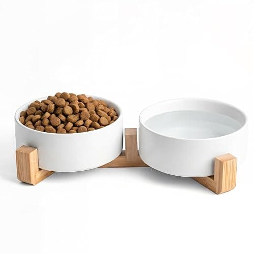 Kimdio Ceramic Dog Bowls with Wood Stand, 13.5OZ Pet Bowls Set of 2 for Medium Small Dogs and Cats - Non-Slip Base Cute Pet Food & Water Basic Bowls Glaze Matte-White - Image 1