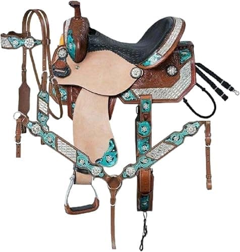 Premium Leather Western Barrel Horse Saddle Tack Set Crystal Turquoise 10" to 18" Seat - Image 1