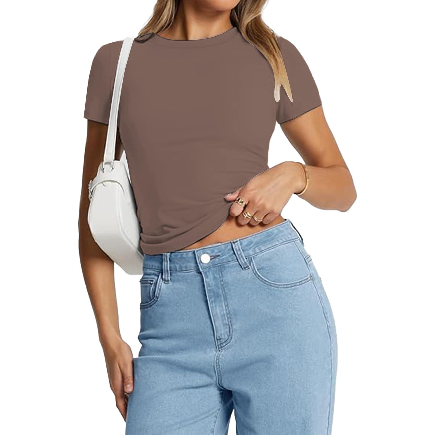 Camiseta Manga Corta Mujer,Camiseta Básica Verano Top 2025 Pullover Manga Corta Y2k tee Cute Gym Fashion Sportswear - G - Café thumbnail 5