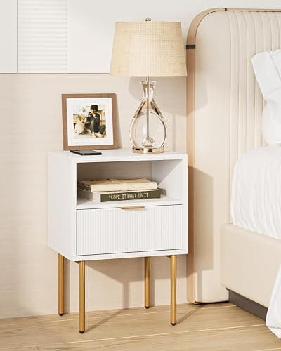 AEPOALUA Nightstand,Morden Bedside Table with Gold Frame,Small White Night Stand,End Table,Bedside Furniture,Side Table with Drawer and Shelf for Bedroom,Living Room (1Drawer, White) thumbnail 6