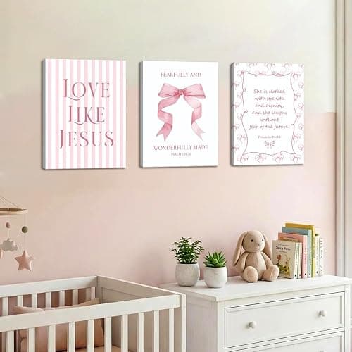 Coquette Pink Bow Wall Art Set of 3, Light Pink Christian Wall Decor Pictures, Jesus Verses Bible Canvas Posters Paintings Preppy Prints for Teen Girls Dorm 12 Year Old Girl Room 12x16 Inch Framed thumbnail 4