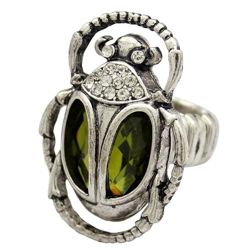 Q&Q Fashion Silver Plated Vintage Egyptian Cleopatra khepri Scarab Beetle Green Rhinestone Stretch Finger Ring - Image 1