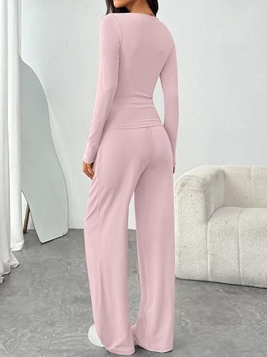 Trendy Queen Womens 2 Piece Lounge Set Fall Fashion Matching Travel Outfits | Airport Style, 2026 Winter Clothing, Scoop Neck Ruched Top & Wide Leg Pants With Pockets, Casual Comfy Cute Sweat Sets thumbnail 4