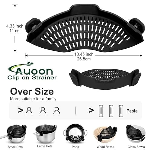 Large AUOON Clip on Strainer for All Pots and Pans - Oversized Silicone Pot Strainer Family-Style Design Pasta Strainer Kitchen Colander for Spaghetti and Noodles | Dishwasher Safe thumbnail 3