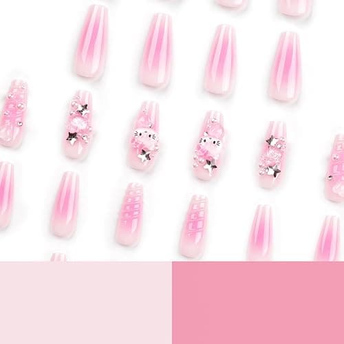 Long Square False Nails, French Press on Nails, Acrylic Stick on Nails, 24pcs Design Fake Nails with Glue Sticker for Women and Nail Tips Cool (Kitty-3, 24pcs) thumbnail 8