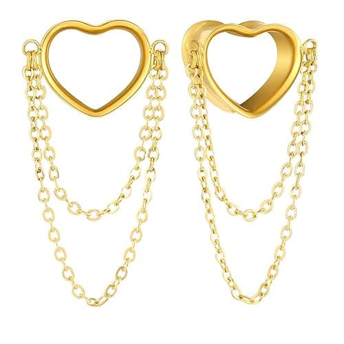 Earblity 2PCS Women Dangle Earrings 6mm-25mm,(2G-1inch) Heart Double Chain Earrings Ear Tunnels hangers for stretched,Hypoallergenic Body Piercing Jewelry - Image 1