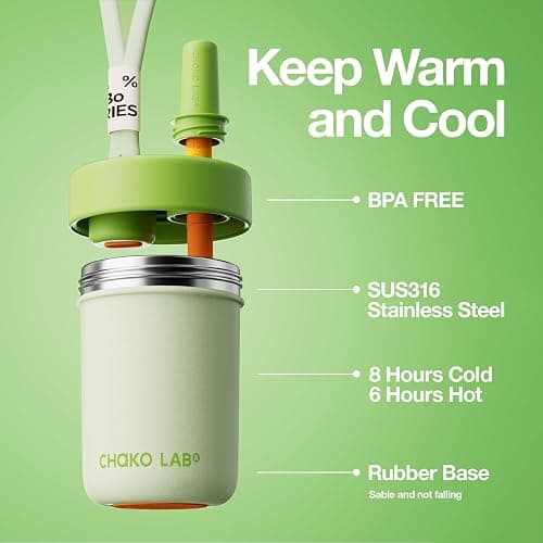 CHAKO LAB Kids Water Bottle with Carrying Rope and Straps | Vacuum Insulated Stainless Steel 16oz for School and Trvels | Two Travel Carrying Options | Matcha Green thumbnail 4