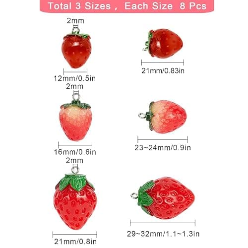 SUNNYCLUE 24Pcs 3 Style Strawberry Resin Pendants Charms Fruit Resin Charms Large 3D Strawberry Pendants Ornament with Iron Loop for Earring Bracelet Necklace DIY Making Accessories thumbnail 3