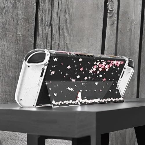 Cute Switch OLED Case – Dockable Glitter Clear Protective Cover with Cherry Blossom Design, Tempered Glass Screen Protector & Thumb Grips for Nintendo Switch OLED thumbnail 8