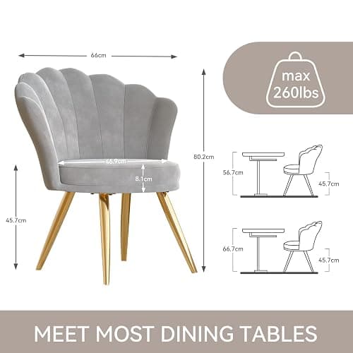 Aivermeil Esszimmerstühle Samt • Muschelsessel mit Rückenlehne & Armlehnen • Schminktisch Stuhl • Polstersessel Elegant • Akzentstuhl mit Gold Metallbeinen Accent Chair • Grau thumbnail 2