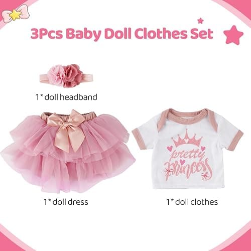 BABESIDE 3 Pcs Reborn Baby Doll Clothes Set for 17-22 Inch Babydolls, Cute Baby Doll Accessories Set with Skirt Headband for Realistic Babydolls Girl, Pink thumbnail 5