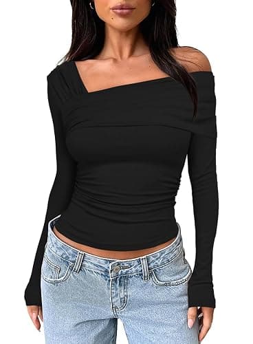 Darong Women's One Off Shoulder Long Sleeve Tops Ruched Going Out Crop Shirts Slim Fit Y2K Tee Blouse - Image 1
