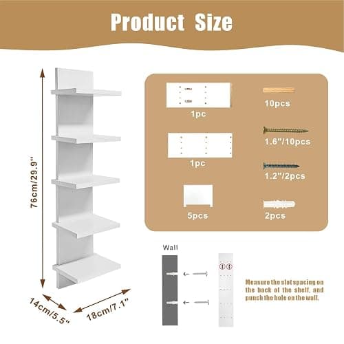 wdbg 5 Tier Shelves for Wall, Decorative Wall Mounted Vertical Shelving Column Decor 30 Inch H Mounted Floating Storage Organizer Natural Finish Wall Shelf for Living Room, Bedroom, Bathroom thumbnail 2