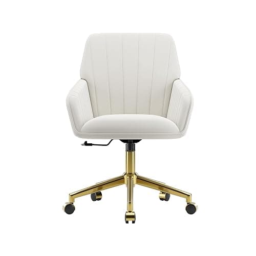 YISHENG Velvet Home Office Chair with Gold Base Upholstered Tufted Modern Height Adjustable 360 Degree Swivel Desk Chair with Wheels, Vanity Chairs for Living Room, Bedroom,Study Room (Cream) - Image 1