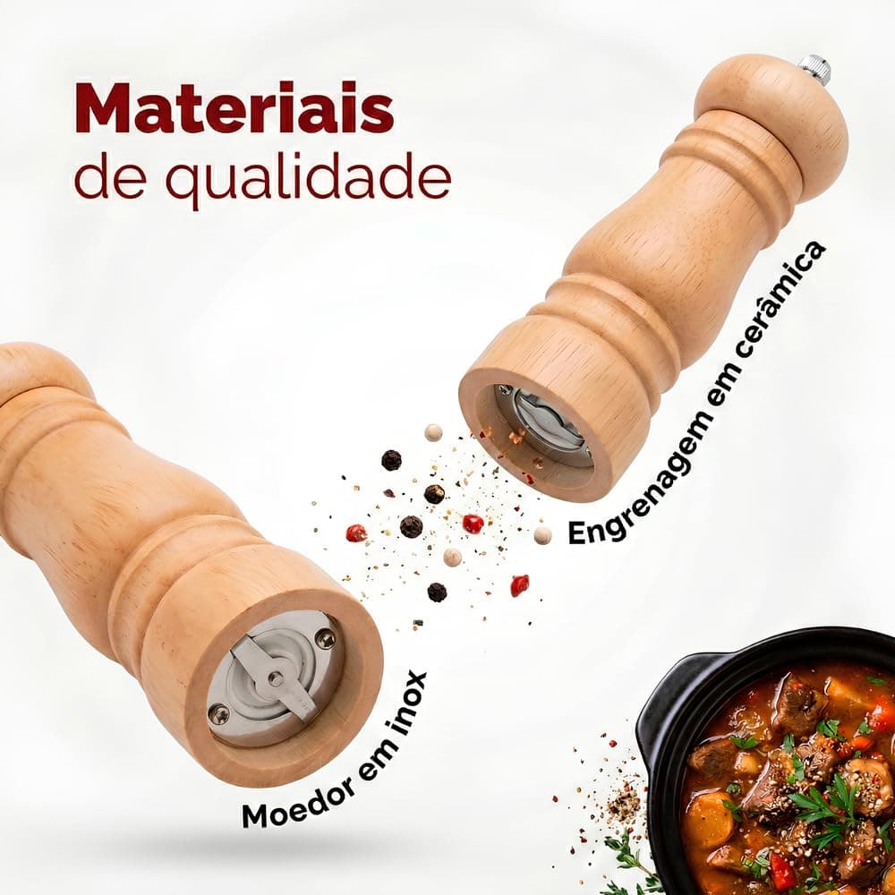 Moedor Manual de Pimenta e Sal em Madeira, Moagem Cerâmica Ajustável para Grãos e Condimentos, 16cm thumbnail 2