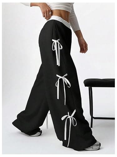 SHENHE Women's Wide Leg Baggy Sweatpants Elastic Waist Tie Bow Pants Loose Long Pants thumbnail 4