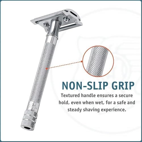 MERKUR 23C Double Edge Safety Razor - Polished Chrome, Long Knurled Brass Handle, Made in Germany, Plastic-Free, Three Piece Design, Closed Comb, Straight Bar thumbnail 9