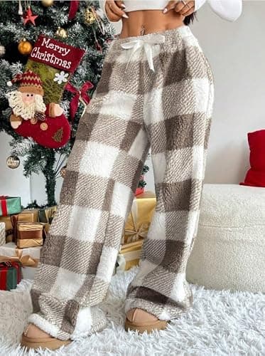 Flannel Pajama Pants for Women Plush Fuzzy Plaid Leopard Pjs Pant Furry | Flannel Pajama Pants for Women Plush Fuzzy Plaid Leopard Pjs Pant Furry Pajamas Bottom Sleep Pants thumbnail 4