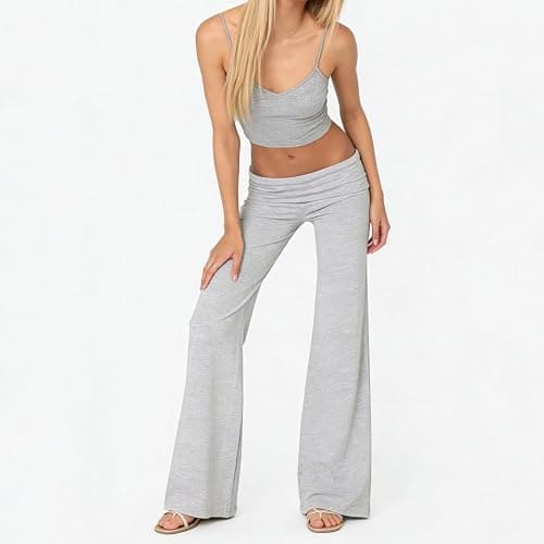 Lounge Yoga Pants for Women Fold Over Low Waist Wide Leg Bell Bottoms | Y2K Foldover Pants, Flare Leggings, Low Rise Yoga Sweatpants thumbnail 5
