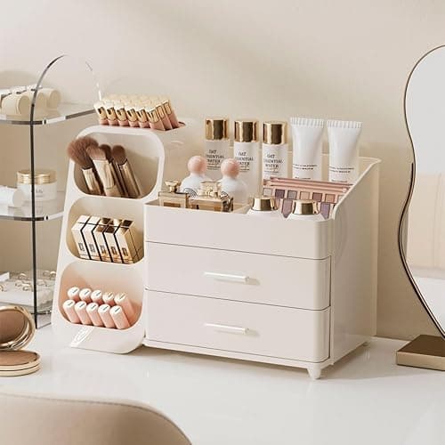 KQJS Makeup Organizer with Drawers,Large Capacity Countertop Organizer for Vanity,Bathroom and Bedroom Desk Cosmetics Organizer,Easy To Storage Skincare,Brushes,Lotions,Lipstick (All Cream) thumbnail 2